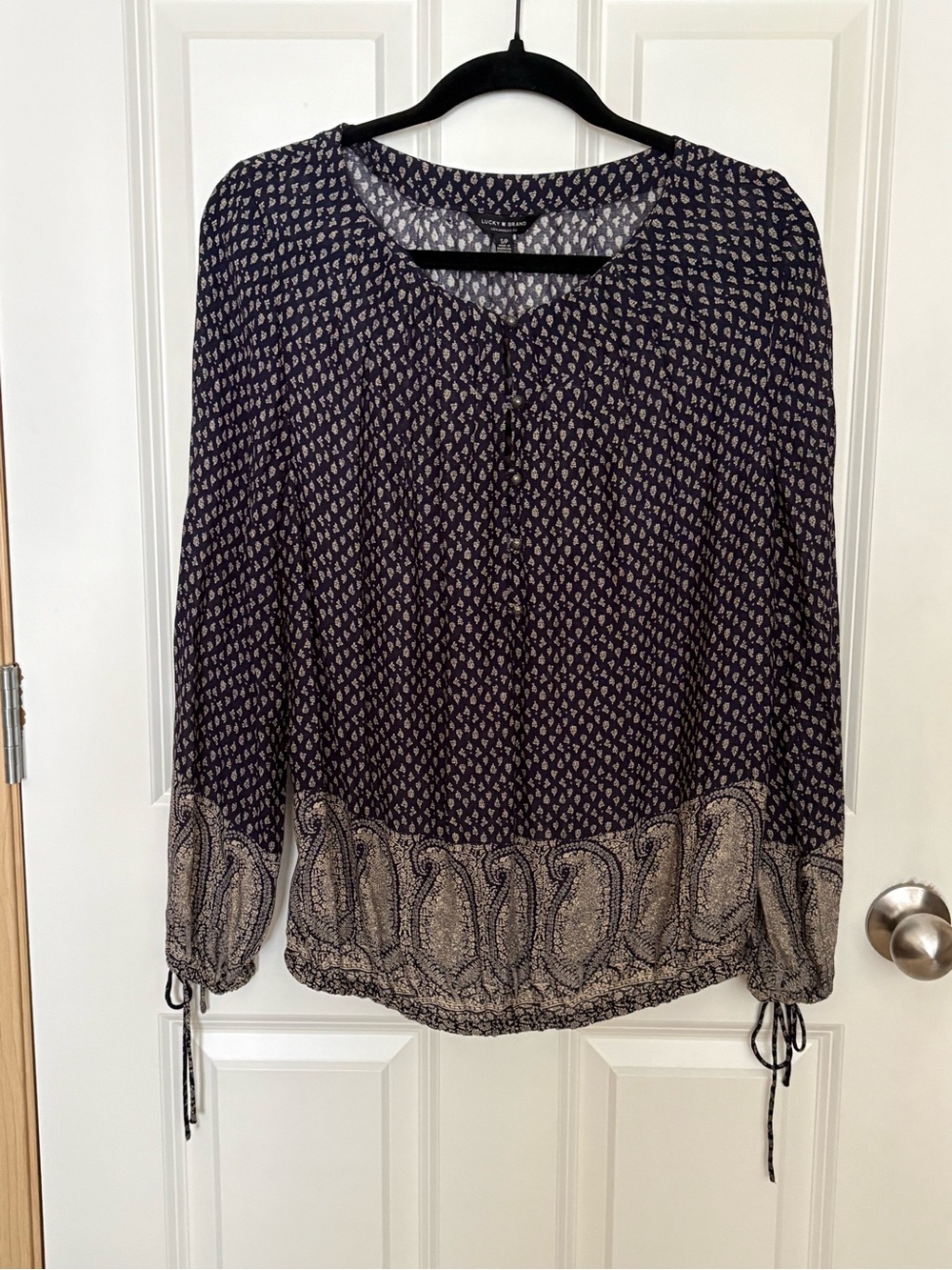Lucky Brand Navy Printed Long-Sleeve Tunic with Cream Paisley Hem